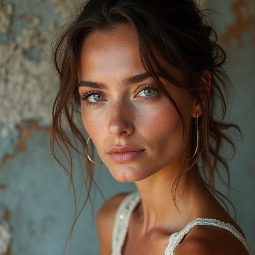 Model poses elegantly in a close-up portrait. Natural light accentuates her features and soft skin tones. Model looks directly at the camera conveying confidence.