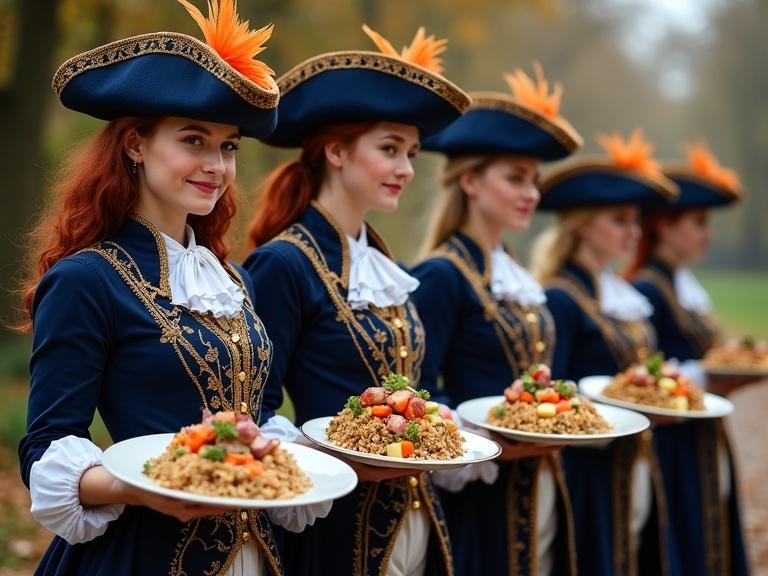 Five young women in identical dark blue musketeer costumes hold plates of food. Women are smiling. Large blue hats with orange feathers adorn their heads. Plates include dishes like borscht, pilaf, vinaigrette, potatoes with cheese, and grilled meat skewers. Each dish is vividly presented and colorful. Warm, natural lighting adds an appetizing touch.