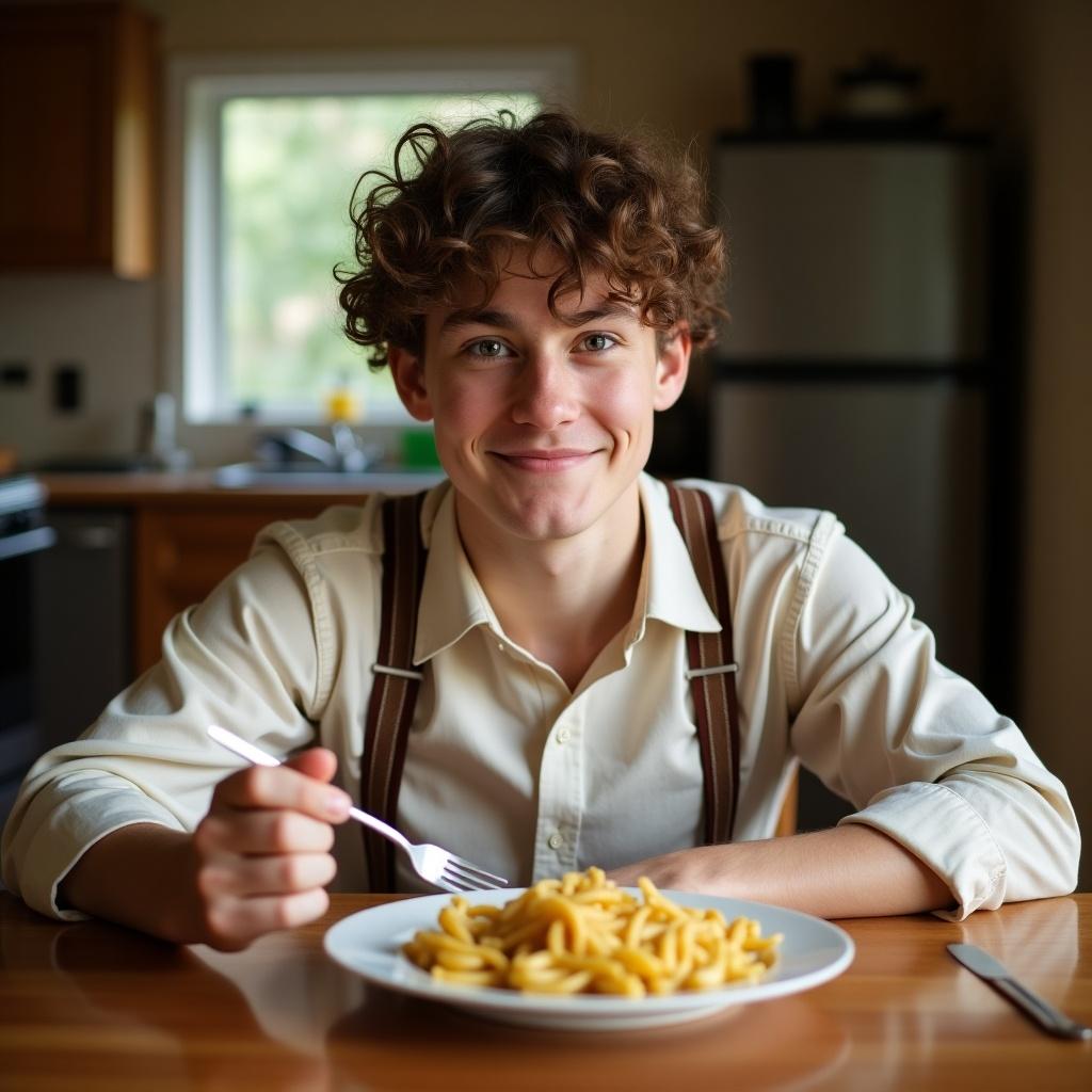 Image depicts a young man at a wooden dining table eating pasta. He wears a light-colored shirt and suspenders. Warm homely feel with soft natural lighting. Captures casual dining moment.