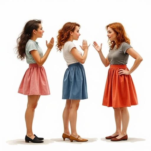 Realistic watercolor illustration shows three women in an argument. Three different colored skirts are worn by the women. Their expressions are comical and exaggerated. Full body view highlights diverse sizes and shapes. Set against a simple white background. Inspired by Robert McGuinness and Norman Rockwell.