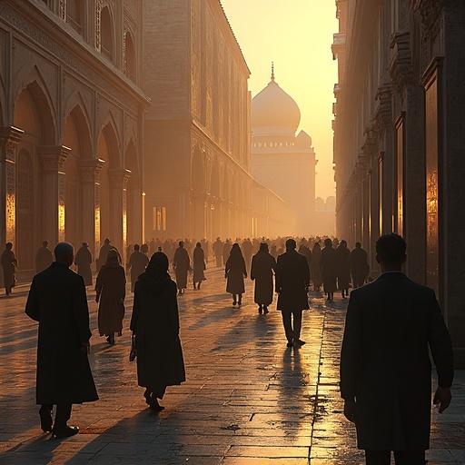 An early morning scene filled with people walking through an atmospheric corridor illuminated by golden light. Individuals are portrayed as silhouettes, suggesting a collective movement towards a significant destination. The architectural style features arches and reflects historical influence.