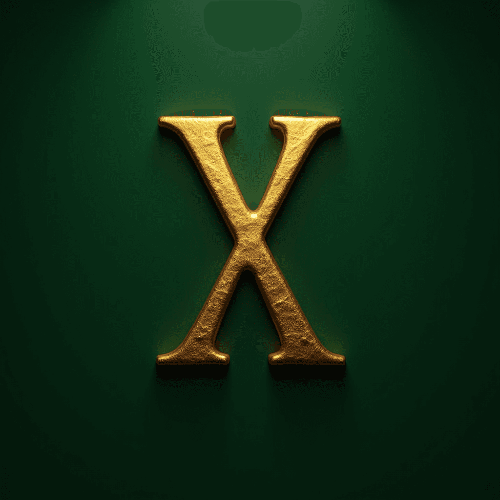 A golden letter X with textured detail set against a deep green background.