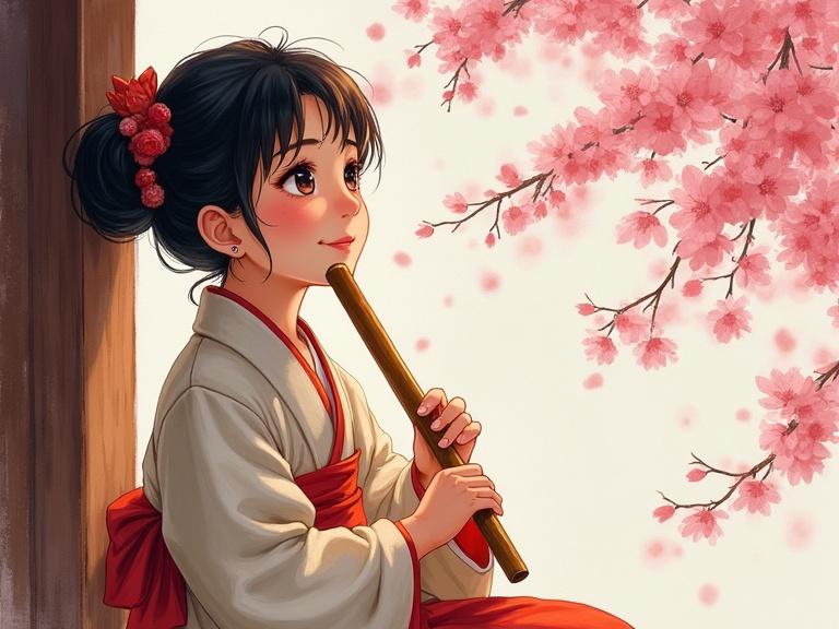 Close-up of a young girl in traditional attire by a wooden porch. She plays a bamboo flute and looks at falling cherry blossoms. Her face is illuminated by warm natural light. Texture shows brushstrokes and watercolor blending.