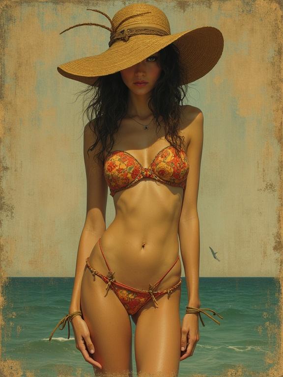 Woman in a tiny bikini standing at the beach wearing a large sunhat. The model has a slim figure and is posing confidently with an ocean background.