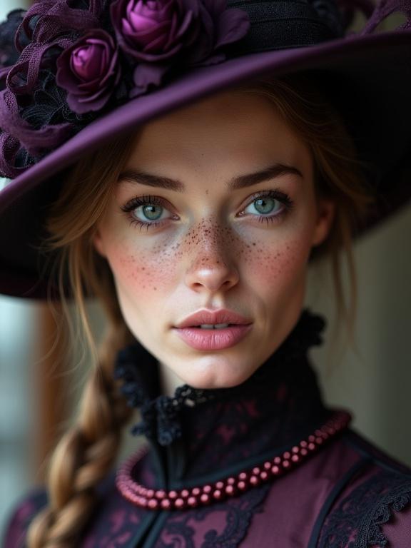 High-quality 8K photorealistic close-up portrait of a woman with blue eyes and freckles. Elaborate dark purple hat with decor, black beads, and lace trim. High-necked dark purple blouse with a patterned design, reddish-purple beaded necklace. The woman looks directly into the camera, head slightly turned. Lips gently parted in a contemplative expression. Soft illumination highlights features with shadows. Textures: natural skin, detailed lace, realistic beads. Shallow depth of field with blurred background, warm tones, slight grain.