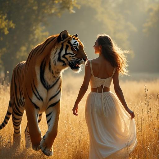 Tiger and princess in natural setting. Princess wears white dress. Tiger stands beside her. Scene is sunny with golden grass. Focus on their connection. Background is blurred with trees.