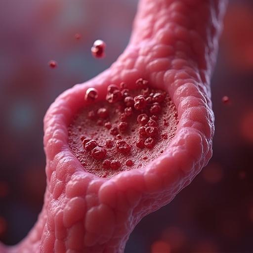Close-up view of capillaries in the human body. Red blood cells fill the interior. Textured walls of the capillary are visible. Image should capture the complexity of blood vessels.