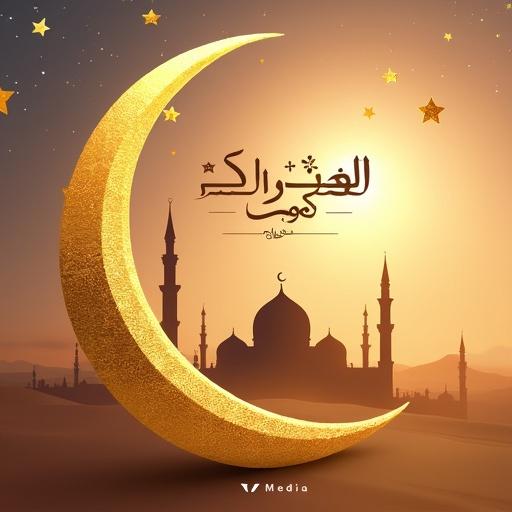 Creative Eid al-Adha visual features stylized golden crescent moon stars mosque silhouette background elegant Arabic typography says عيد أضحى مبارك VMedia logo stylishly placed