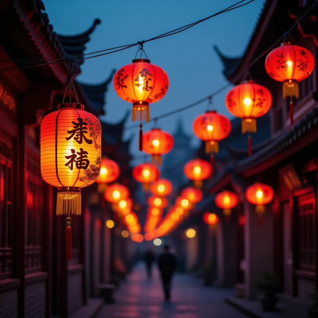 A collection of red lanterns hanging in the air. Lanterns feature intricate dragon patterns. Background is deep blue. Creates a festive or celebratory atmosphere. Lanterns are arranged neatly forming a path of light and shadow. Evokes warmth and mystery. Traditional Eastern cultural style associated with Spring Festival and Lantern Festival.