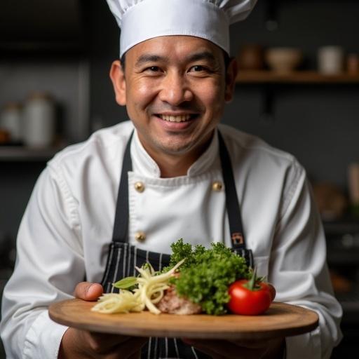 Chef presents a delicious plate of food. Chef is focused on culinary presentation. Fresh ingredients enhance the visuals. Soft lighting highlights the textures.