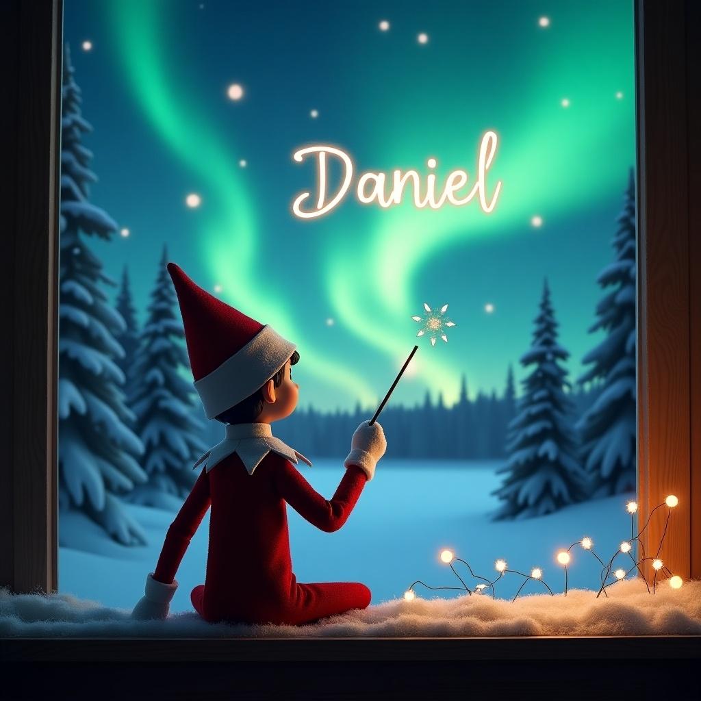 An elf on the shelf with back to viewer faces a winter landscape. He writes 'Daniel' in the sky with a magic wand. Background features northern lights and snow-covered scene. Captures essence of Christmas magic and wonder.