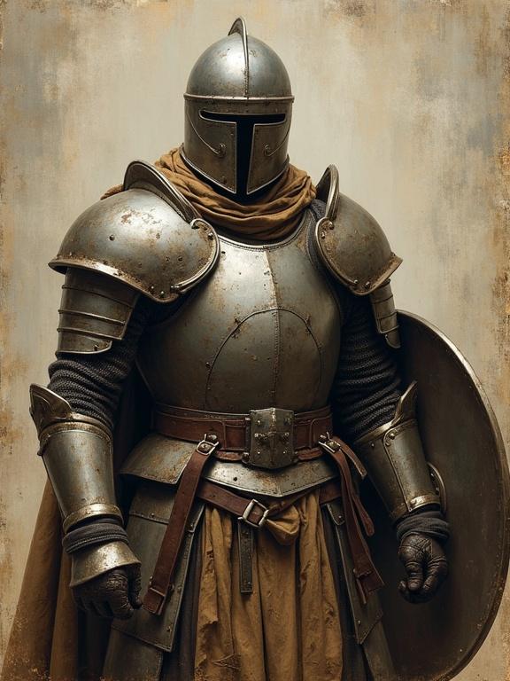 Portrait of a battle-worn warrior. Warrior clad in a dented iron breastplate. Tattered surcoat drapes over armor. Arms wrapped in leather straps. Warrior holds a steel shield. Old artstyle reminiscent of oil painting.