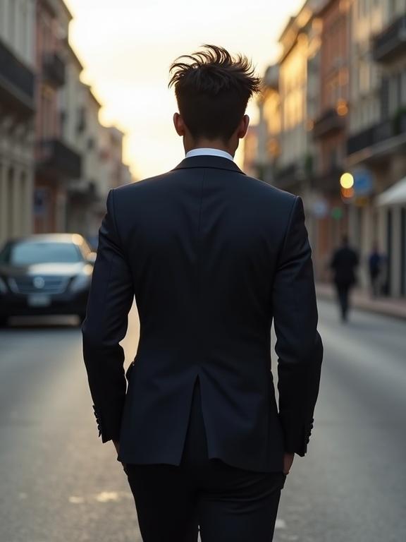 Latino man walks on street city. Man faces away from camera. Dark suit worn with open jacket. Hair blown by wind. Street at sunset in city.