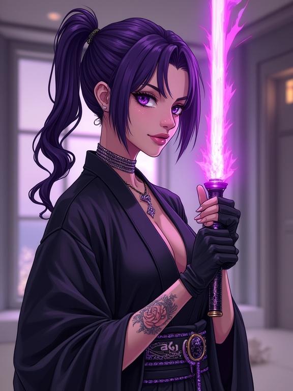 Anime character in a modern and luxurious dojo. A woman with amethyst purple eyes. She has interesting tattoos and an edgy ninja outfit. She is serious and strong. She holds a kunai in her hand. The room is bright and stylish.