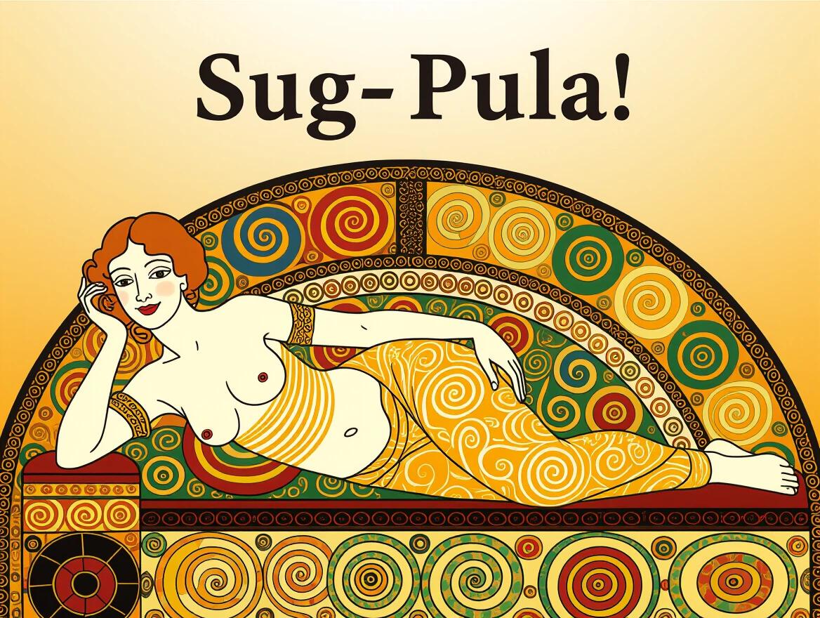 Illustration of a nude princess lying on her back. Warm background gradually shifting in color. Text reads 'Sug-Pula!' in bold letters.