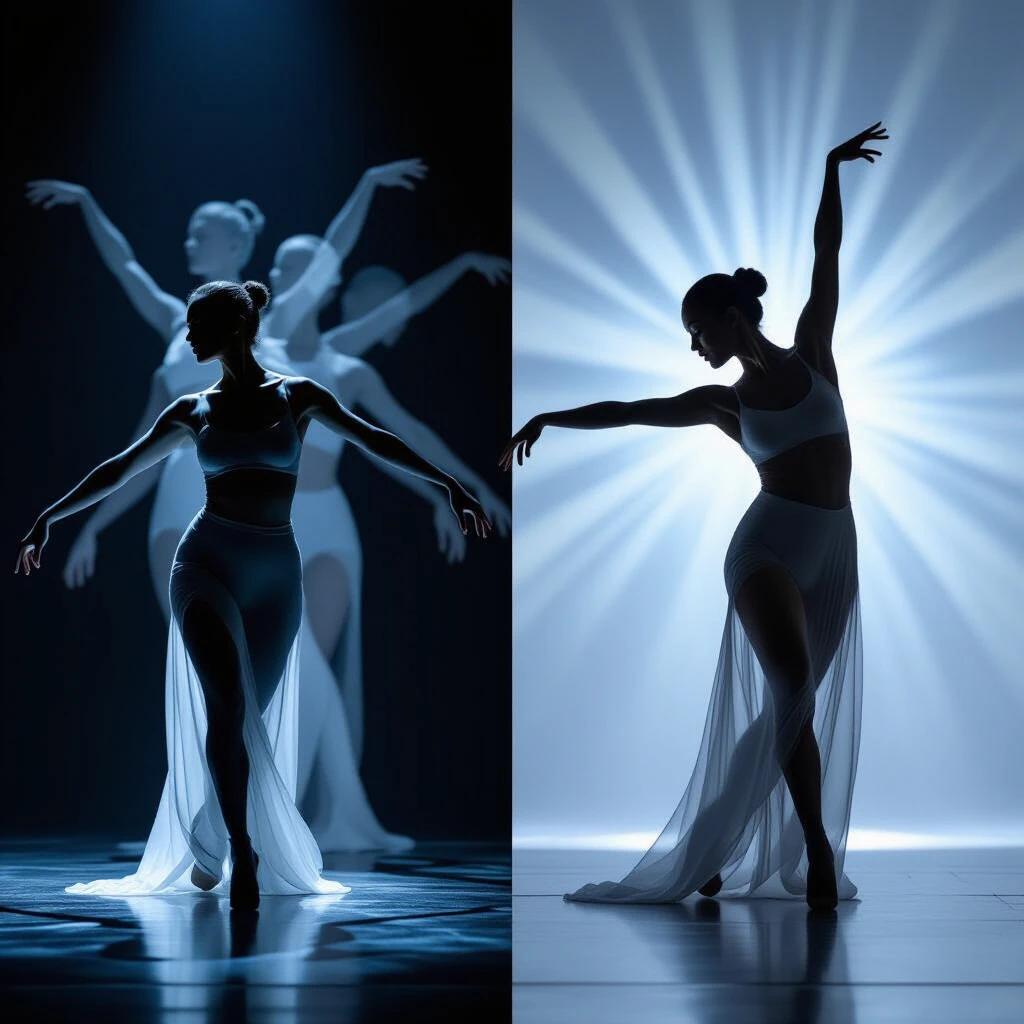 Dance movement captured in dark. One dancer on the right in a proud pose. Several ghostly silhouettes on the left mimicking movement. Dramatic light and shadow effects to stylize the scene.