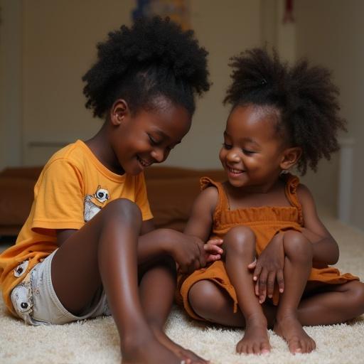 african girl playfully pinching toe of friend in soft warm lighting