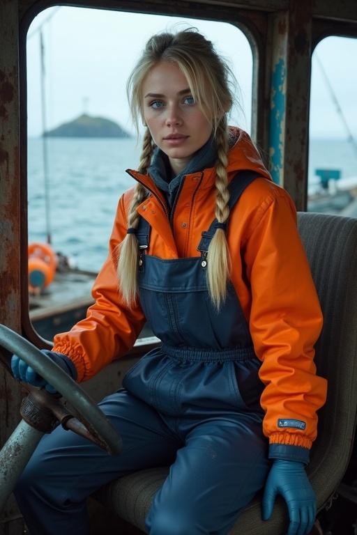 Young woman with blonde hair and blue eyes. Dressed in an orange raincoat and navy blue fisherman's dungarees. Driving an old fishing boat. Background shows a vast cold sea and harbor on an Arctic island.