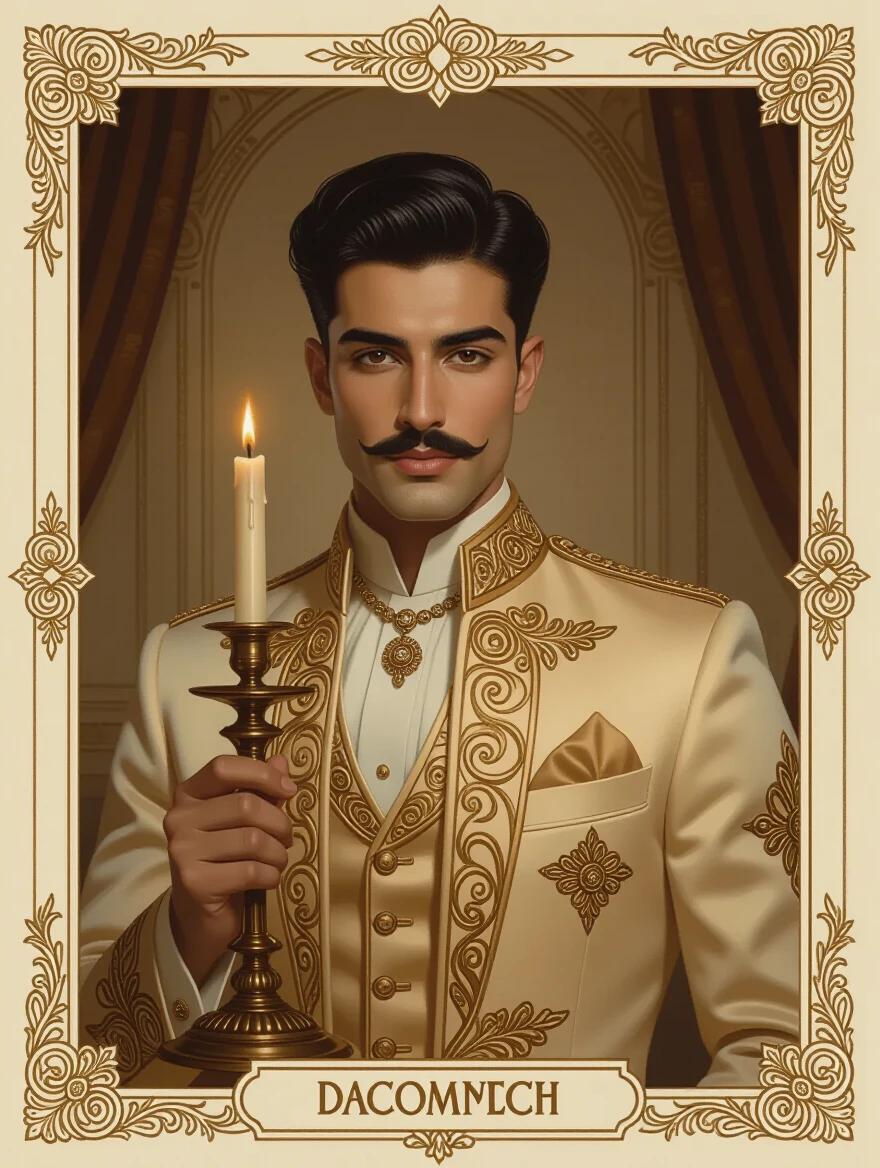 Oil portrait of a handsome young Persian man in formal beige attire. He holds a lit candlestick. Background is a dimly lit mansion room. Art Nouveau style border frames the image.