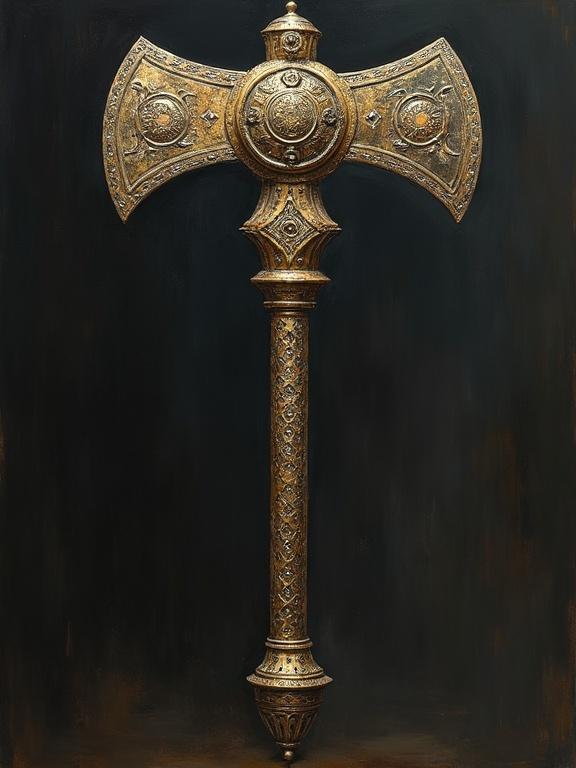 A lead-filled mace with intricate designs. The mace features a large head adorned with golden detailing. The handle is finely crafted with detailed patterns and a sturdy base. The background is dark to emphasize the mace.