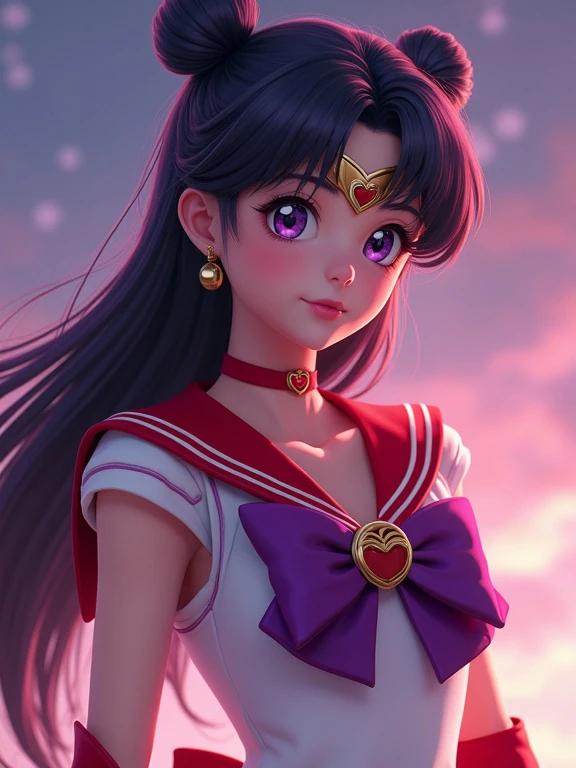 Create a hyper-realistic 4K masterpiece of Sailor Mars. Portray her in a 3D anime style. Background should complement her appearance with blended colors and textures. Focus on intricate patterns and details in her clothing and expressions.