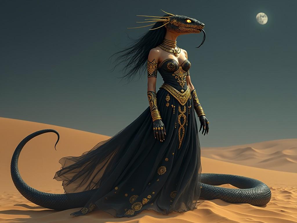 A humanoid figure with a snake tail stands in a desolate desert landscape. She wears a flowing black gown adorned with gold patterns. Her upper body has reptilian features, including a snake-like head. The moon shines brightly in the night sky, casting soft light around her. She exudes an aura of strength and mystique, embodying elements of ancient mythology and fantasy art.