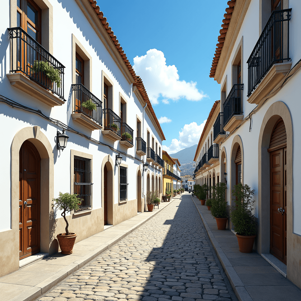 A sunny cobblestone street lined with charming white buildings and balconies adorned with plants.