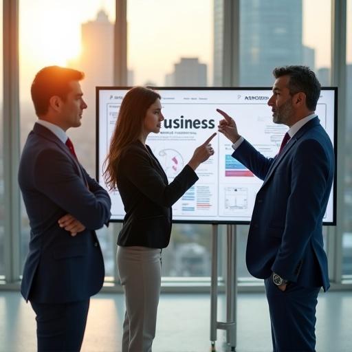 A group of Mexican business professionals stand in a sunlit modern office meeting room. The main presenter, a man in a blue suit with silver hair, gestures towards a digital screen. The two women mirror his posture, reflecting focus. The screen displays the motto Focus On Business. The cityscape outside blurs, highlighting their intense conversation. The setting sun casts a warm hue, contrasting the office's sterile environment. Document the intensity of their interaction in a modern style.