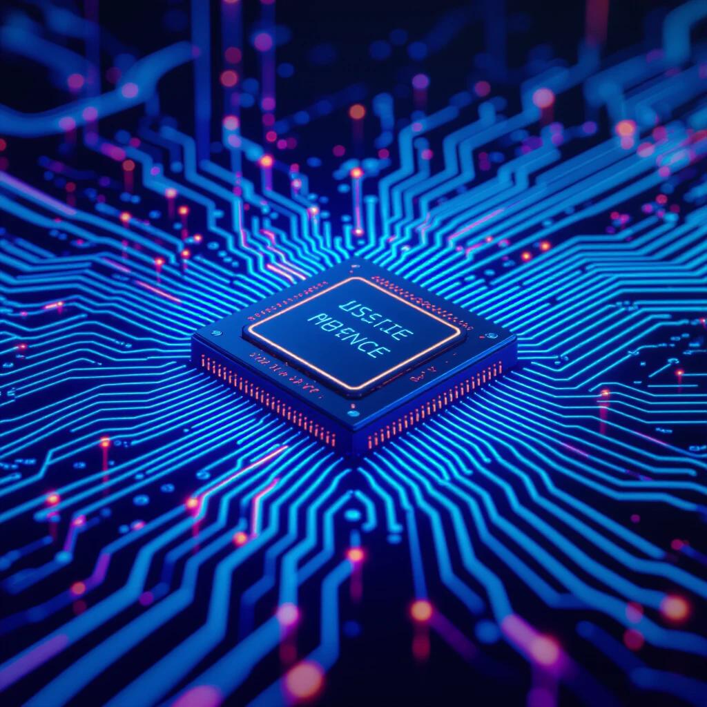 Close view of a microchip with blue and purple circuitry. Neon lights create a digital effect. Focus on the microchip's details.