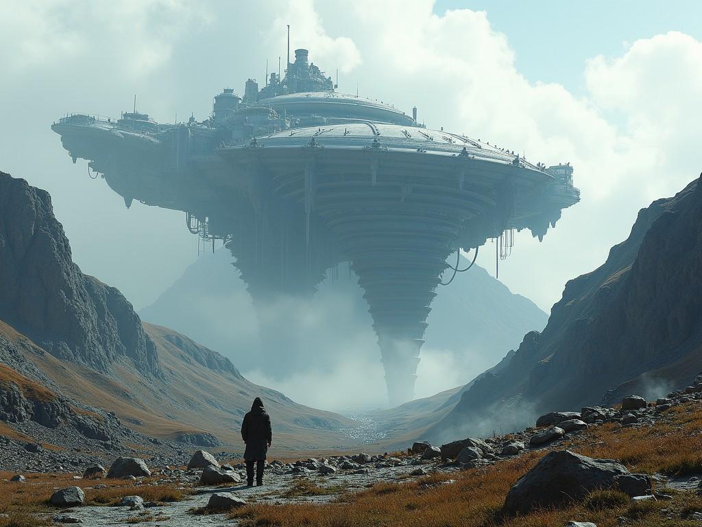 A lone traveler stands in a rocky valley, gazing up at an immense, futuristic spaceship hovering above. The ship's intricate design and circular shape dominate the sky, casting a mysterious aura. Mist and clouds envelop the scene, adding an ethereal quality to the landscape.