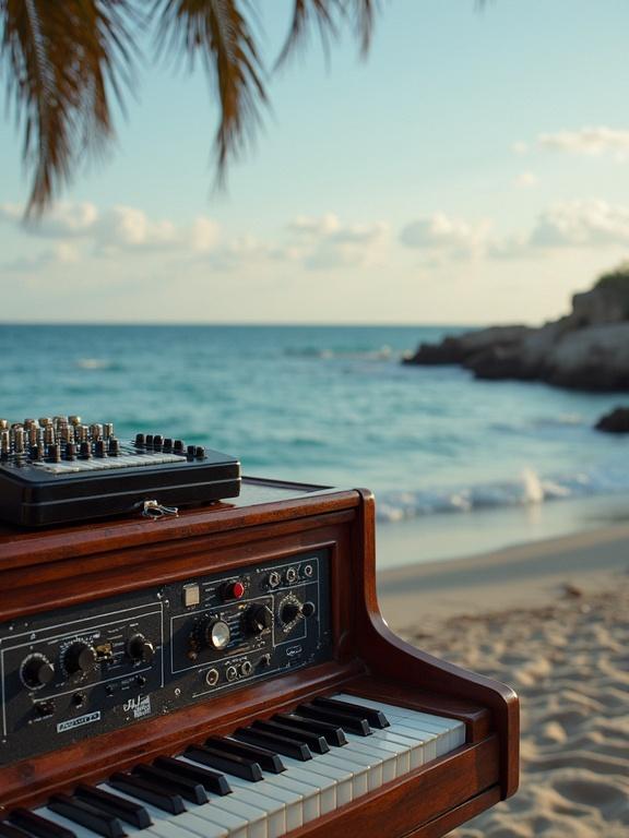 Musical keyboard on the beach with ocean in the background. The setting has soft sunlight illuminating the scene. Waves can be seen lapping at the shore.