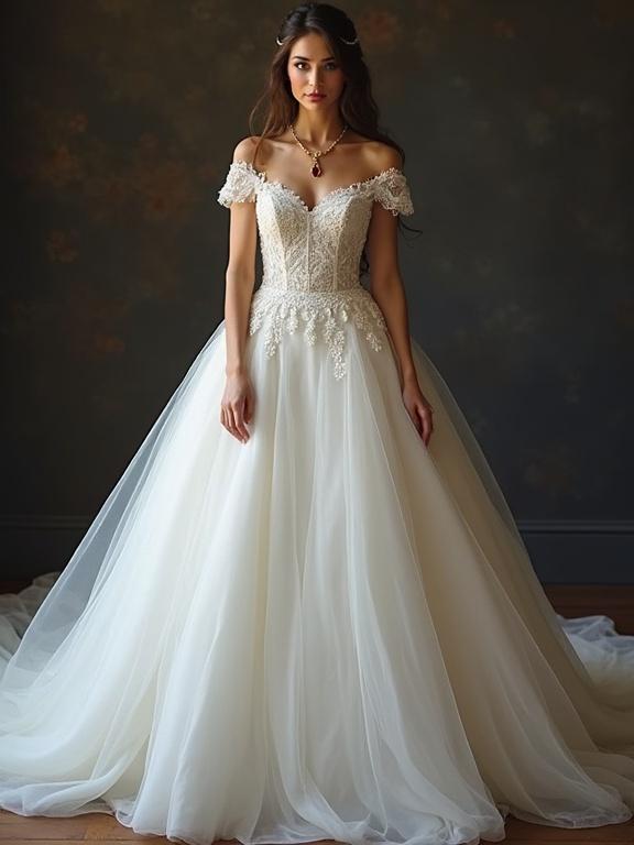 Full body image of a woman in her 25s wearing a lace white wedding dress. Black stocking and gold necklace with red diamond are present. Captured from a high-angle.