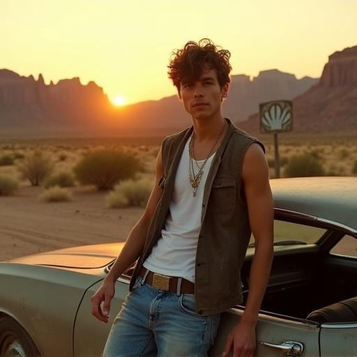 Young man leans against an old car in a desert. He wears a vest and jeans. His arm rests on the car door. A sunset brightens the background with sandstone mountains and a shell sign. Warm yellow light highlights the wilderness.