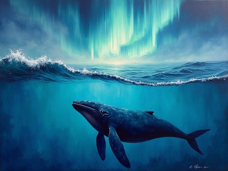 Whale swims below surface. Aurora reflects above water. Surreal impressionist fusion. Watercolor sky and oil-textured whale. Mood is tranquil and mystical.