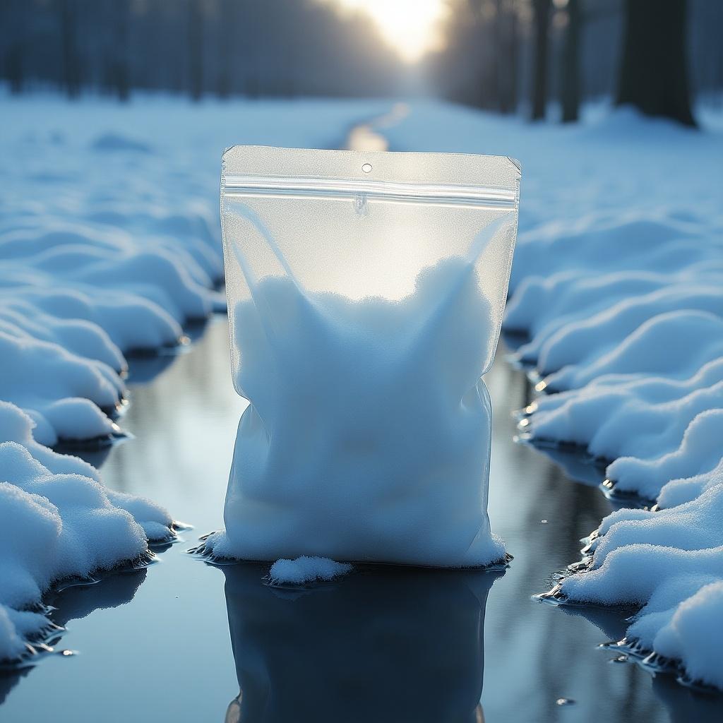 Frozen bag placed in a puddle on a snowy surface. The background features a winter landscape with soft lighting.