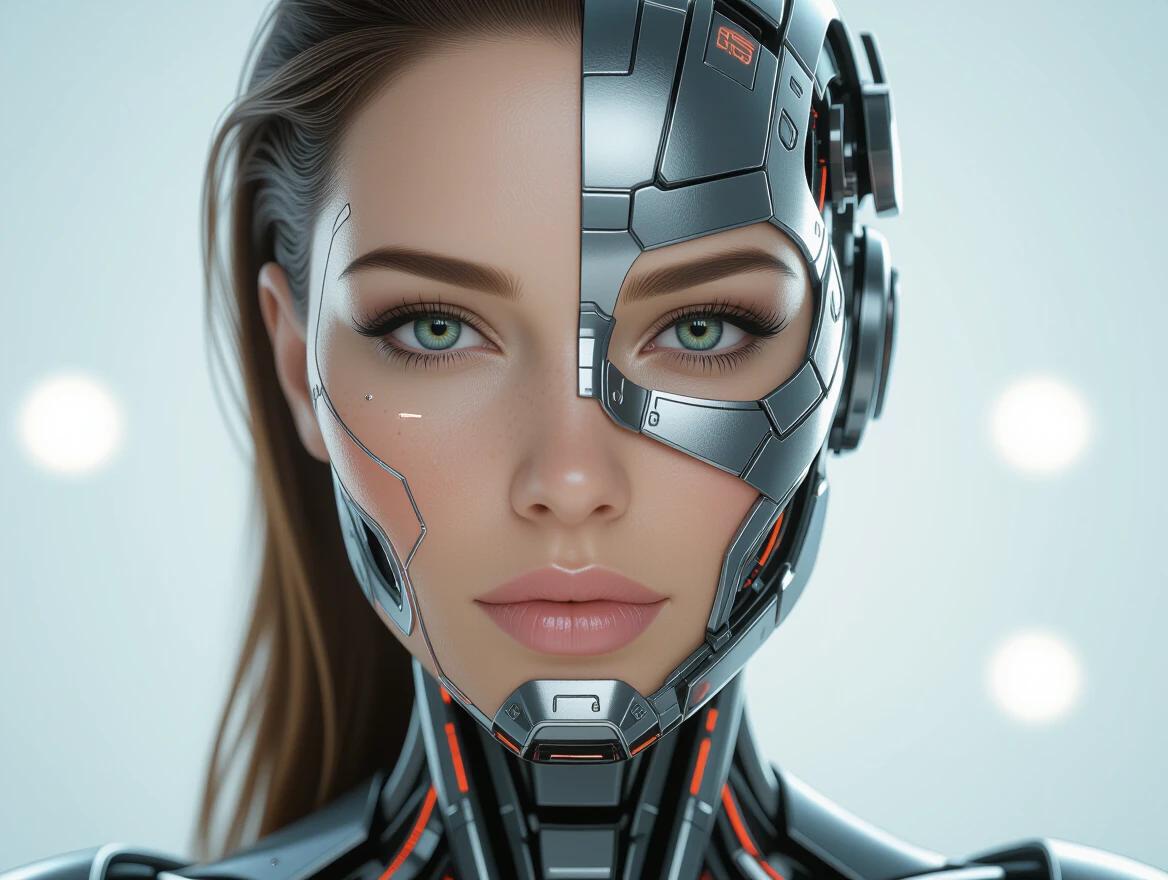 A hyper-realistic female cyborg with human beauty and mechanical elements. One side of the face is human skin and expressive eyes. The other side reveals robotic components like metal plates and circuits. The body blends human curves with cybernetic parts. Soft lighting creates a cinematic effect. High detail and natural colors showcase sci-fi fashion.