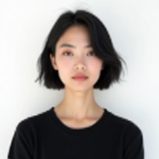 A young woman with short black hair styled in a bob cut is wearing a black top. She stands in front of a white background. She is facing the camera directly with a neutral expression. The setting features a simple studio with a plain white background. The shot is a close-up focusing on her face and upper body. The style is photorealistic with natural lighting and soft shadows. Her eyes are slightly closed evoking a calm mood.