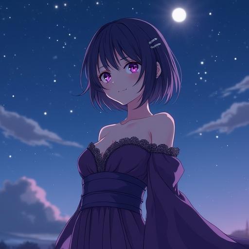 Medium shot of an anime lady with short dark violet hair and captivating purple eyes. She wears a flowing dark violet dress with lace and satin, standing under a starry night sky. The scene is romantic with gentle moonlight and a confident pose.