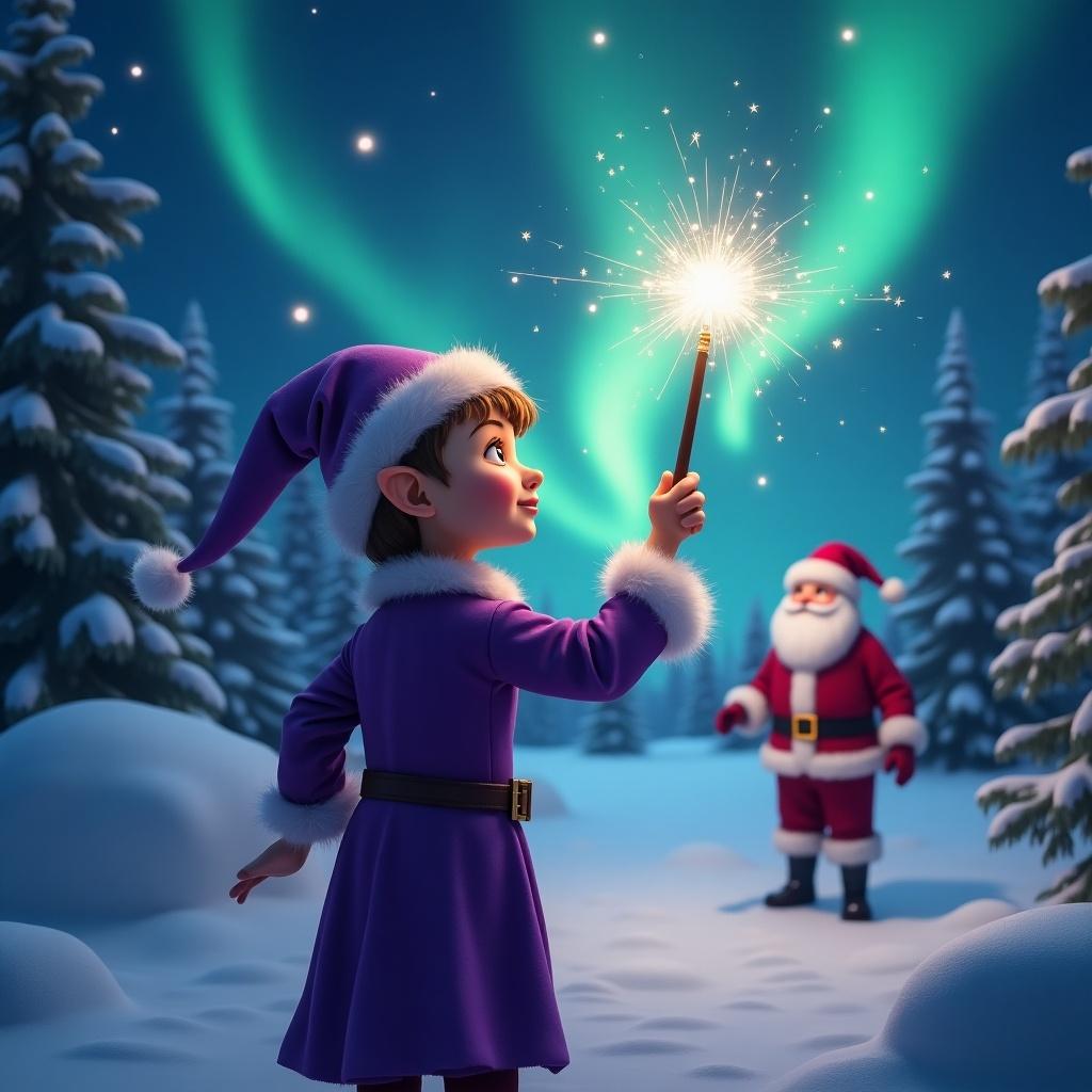 Magical Christmas scene featuring a purple elf. Elf holds a wand and looks towards the sky. Northern lights illuminate the scene. Santa Claus appears in the background. Snow covers the ground and trees. Cozy holiday atmosphere.