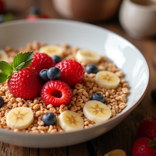 Kitchen table with red fruits pieces of banana and cereal not covering the entire table with kitchen background