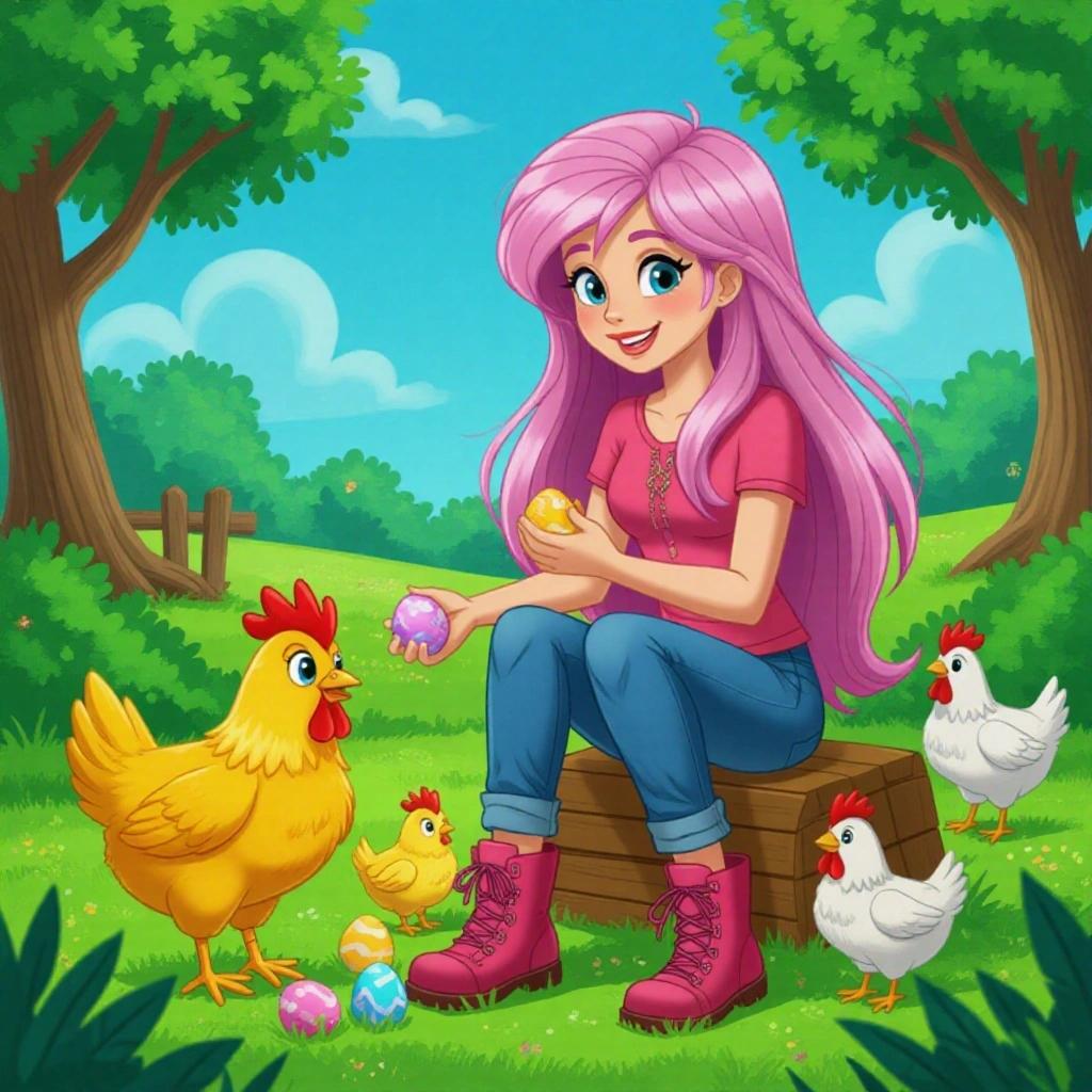 A human girl with long pink hair collects eggs and feeds chickens. She wears a pink shirt, blue jeans, and pink mid-calf hiking boots. Surrounding her are chickens and a sunny farm setting.