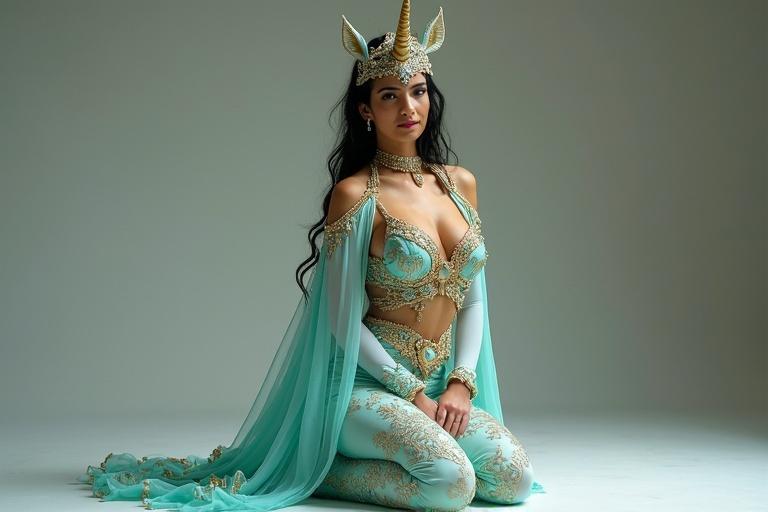 Unicorn kneels wearing a turquoise Arabian princess-style outfit. Features ornate gold embroidery, shimmering sequins, sheer pants, and intricate floral patterns. Hair is shiny black. Top has a deep center cut V-neckline with gold trim. Expression is graceful and moved.