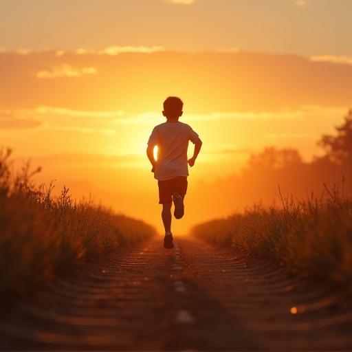 A boy runs on a tracking field during sunset. The sky is filled with warm colors. The boy is silhouetted against the light. The scene captures movement and vitality in nature.