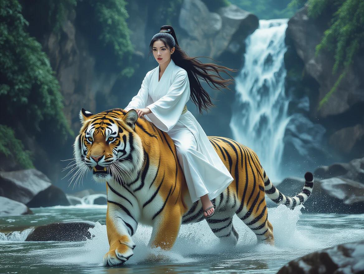 A woman in white clothes with long hair rides a tiger. Setting features a waterfall and rocky terrain. Image resembles an 80s action movie poster titled Wuxia Portugal.
