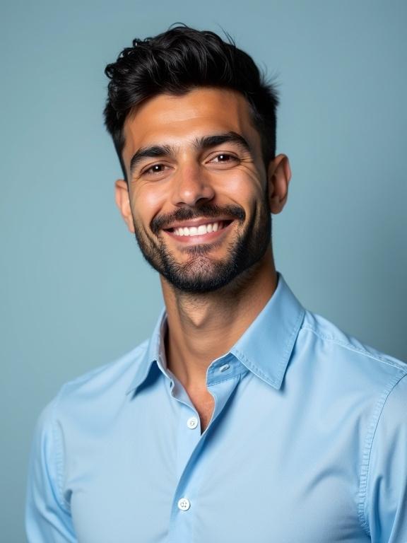 Man with black hair and French cut beard wears a sky blue shirt posing in studio with smile