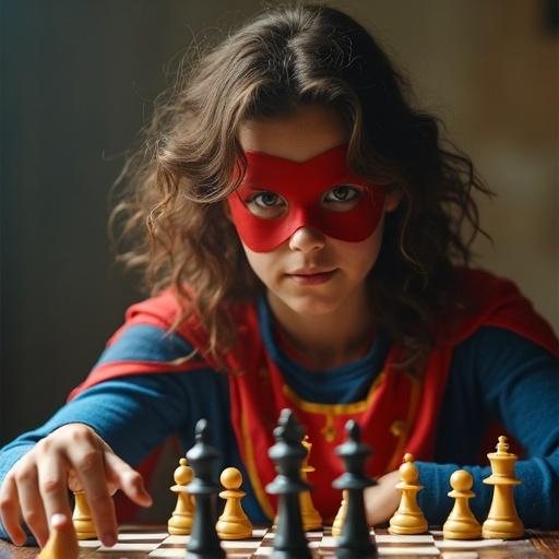 Superheroine in a costume playing chess. She has a serious look. Chess pieces arranged on the board. Background is softly blurred.
