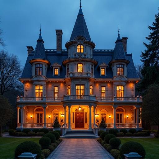 Image of a grand hotel resembling a mansion. Architectural details are prominent. Warm lighting creates an enchanting evening atmosphere.