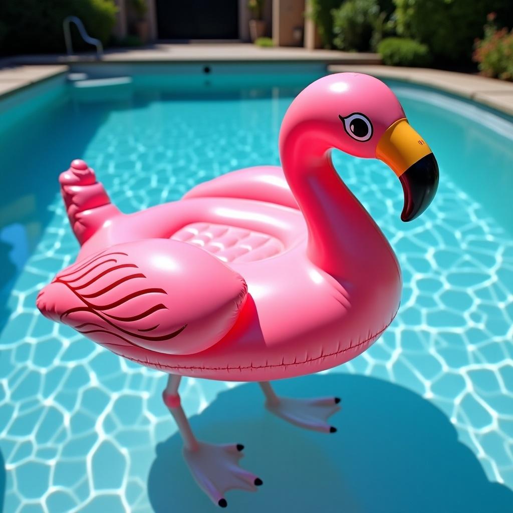 A vibrant plastic pink flamingo inflatable toy floats in an infinity pool. The flamingo toy appears cheerful and bright against the blue water. The scene captures summer excitement and relaxation.