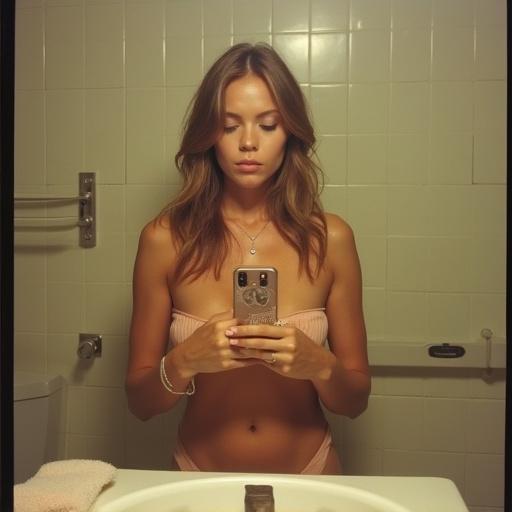 Image features a low-resolution bathroom mirror selfie. Harsh overhead lighting creates uneven highlights. Bright colors and slight lens distortion are evident. The subject is holding a phone in front of a bathroom mirror. Background objects like toilet and sink appear without aesthetic concern. Selfie captured in an amateur style with visible grain and noise.