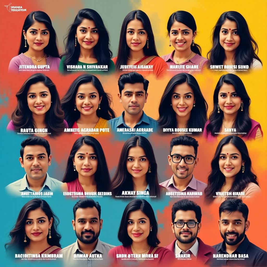 The image features a vibrant collage of young adults posing with confident expressions. Each individual exhibits a unique style, showcasing diversity in attire and personality. The background is a blend of warm hues, adding to the lively atmosphere. The layout is grid-like, highlighting each person's individuality while maintaining a collective coherence. This composition reflects contemporary Indian youth culture and their connection with community.